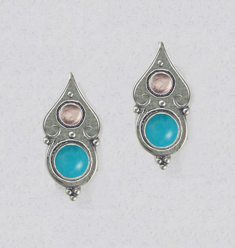 Sterling Silver Gothic Look Post Stud Earrings With Turquoise And Rose Quartz